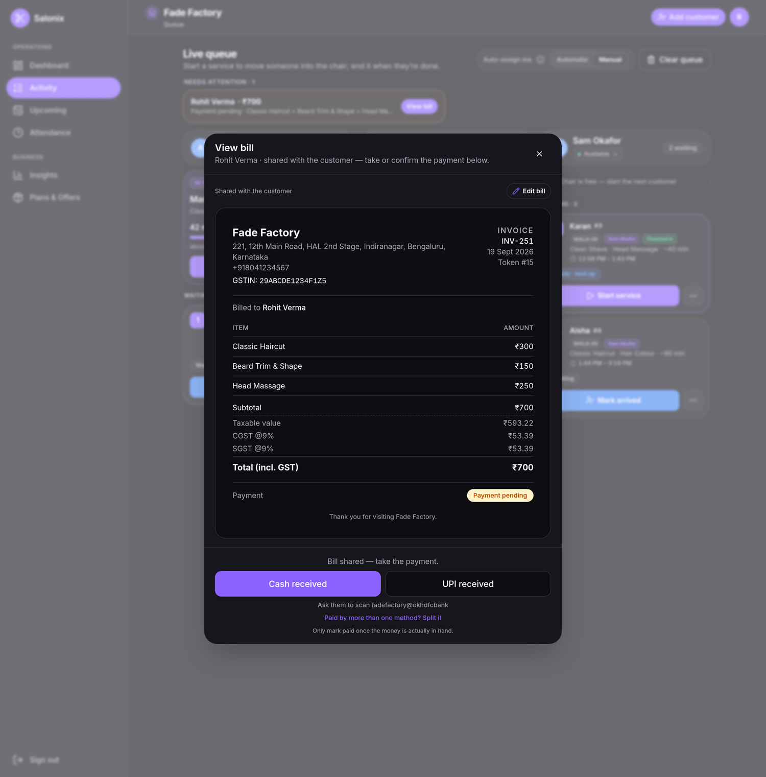 Salonix view-bill invoice — INV-251 for Fade Factory, itemised services, GST split, ₹700 total, payment pending