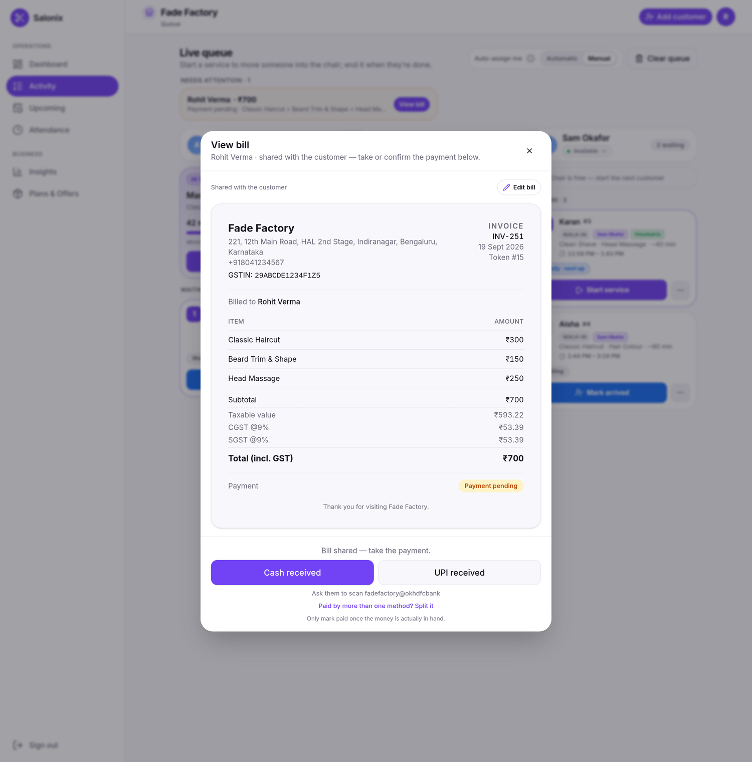 Salonix view-bill invoice — INV-251 for Fade Factory, itemised services, GST split, ₹700 total, payment pending