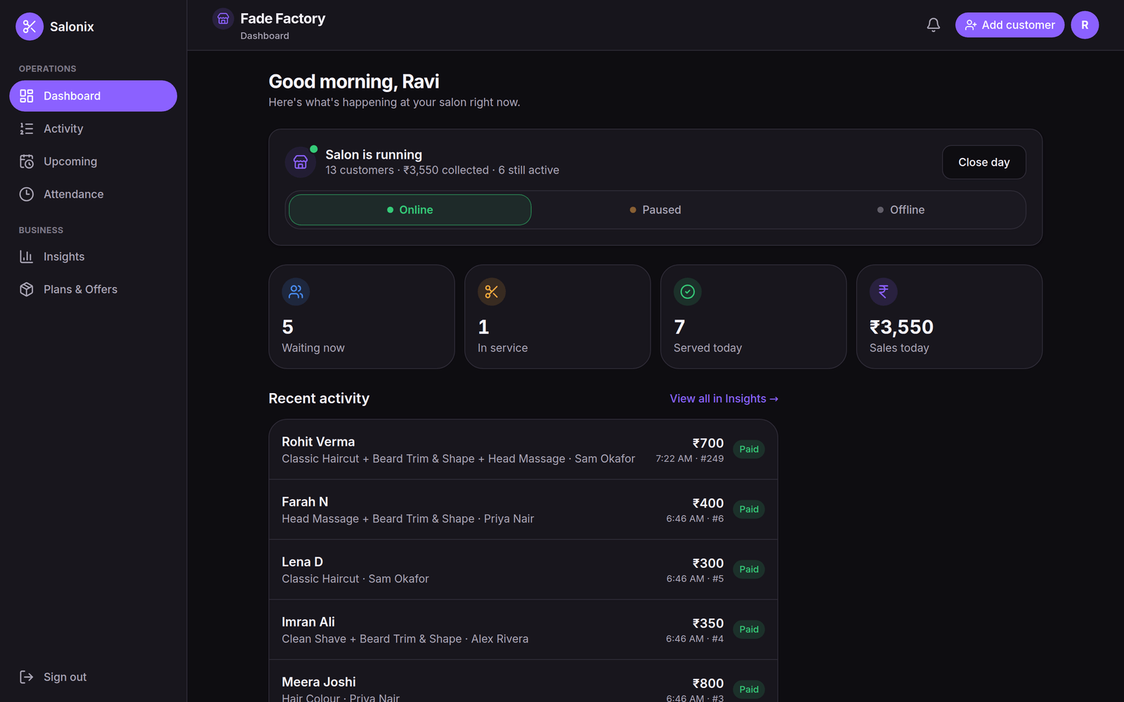 Salonix owner dashboard — a good-morning greeting, live tiles for waiting, in service, served and sales today, and a recent-activity list