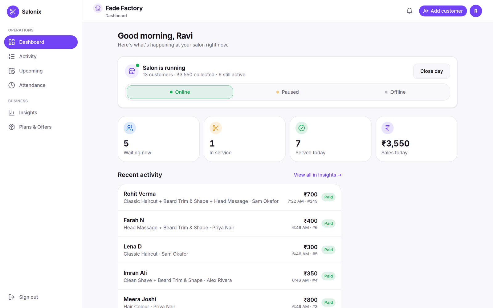 Salonix owner dashboard — a good-morning greeting, live tiles for waiting, in service, served and sales today, and a recent-activity list